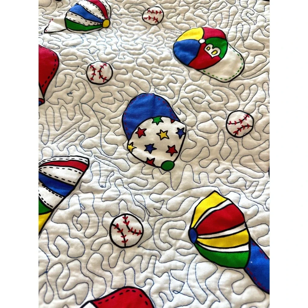 Adorable Vintage Handmade Baseball Caps/ Stars Baby Quilt 48x36 Reversible/Fun!